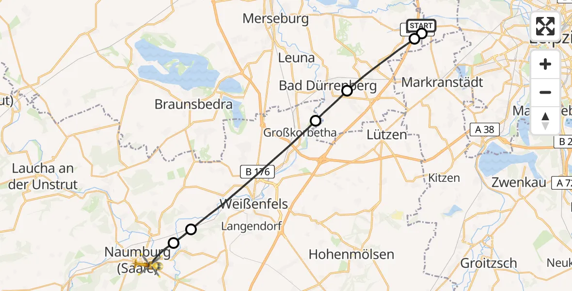 Flugroute Rettungshubschrauber ADAC Air Rescue Station Leipzig/Schkeuditz-Dölzig Hubschrauberlandeplatz (Christoph 61) - Naumburg (Saale), 09 Mai 2026, 16:26