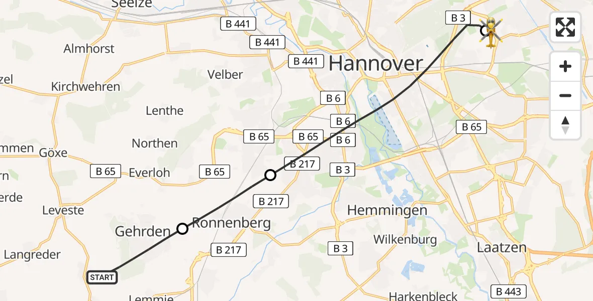 Flugroute Rettungshubschrauber Gehrden - Hannover Luftrettung Hubschrauberlandeplatz (Christoph 4), 09 Mai 2026, 16:26