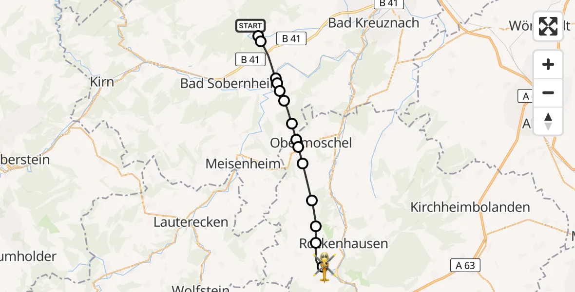 Flugroute Rettungshubschrauber Bockenau - Imsweiler UL, 09 Mai 2026, 16:31