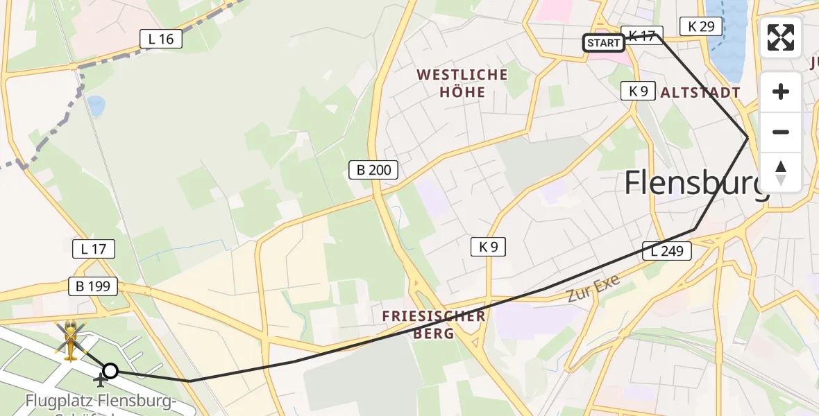 Flugroute Rettungshubschrauber Flensburg - Flensburg-Schäferhaus Flughafen, 09 Mai 2026, 16:34
