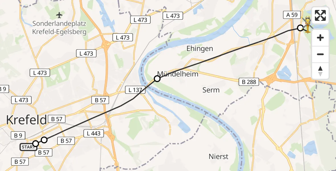 Flugroute Rettungshubschrauber Helios Clinic Krefeld - Duisburg Air Rescue Hubschrauberlandeplatz (Christoph 9), 09 Mai 2026, 16:36