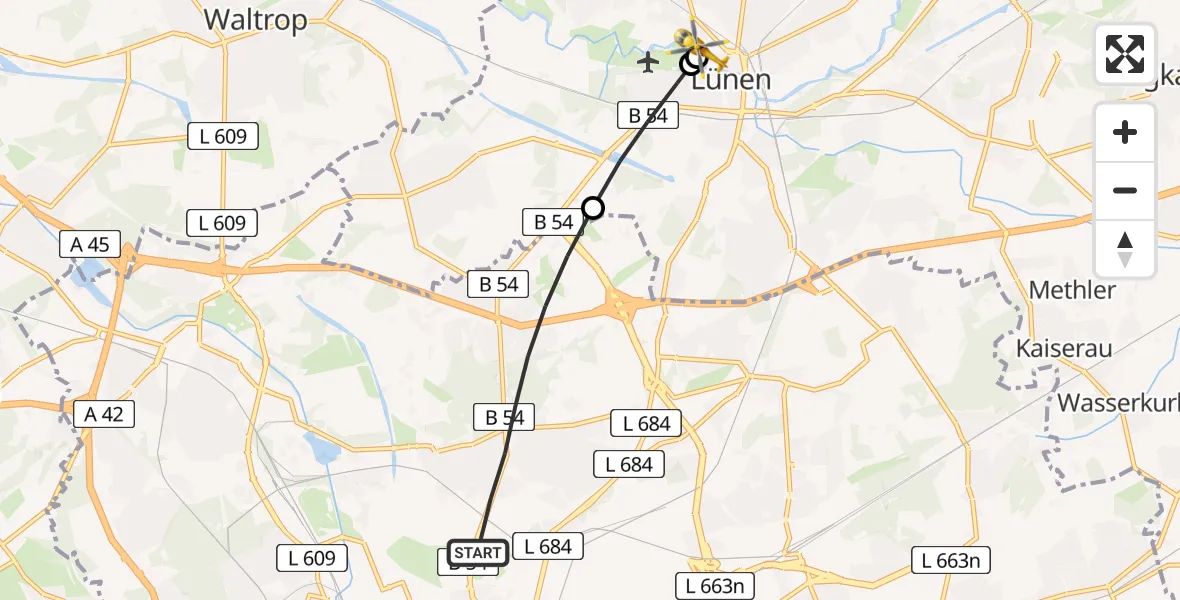 Flugroute Rettungshubschrauber Dortmund - Sankt Marien Hospital, 09 Mai 2026, 16:41