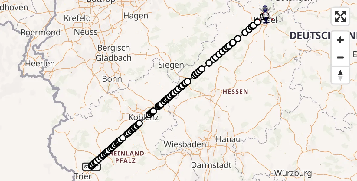 Flugroute Polizeihubschrauber Föhren - Fuldatal Bundespolizei Hubschrauberlandeplatz, 09 Mai 2026, 16:45
