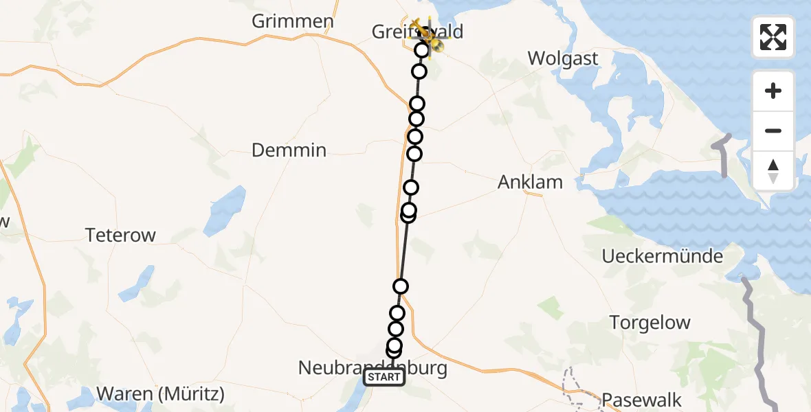 Flugroute Rettungshubschrauber Neubrandenburg - Greifswald Hospital, 09 Mai 2026, 16:48