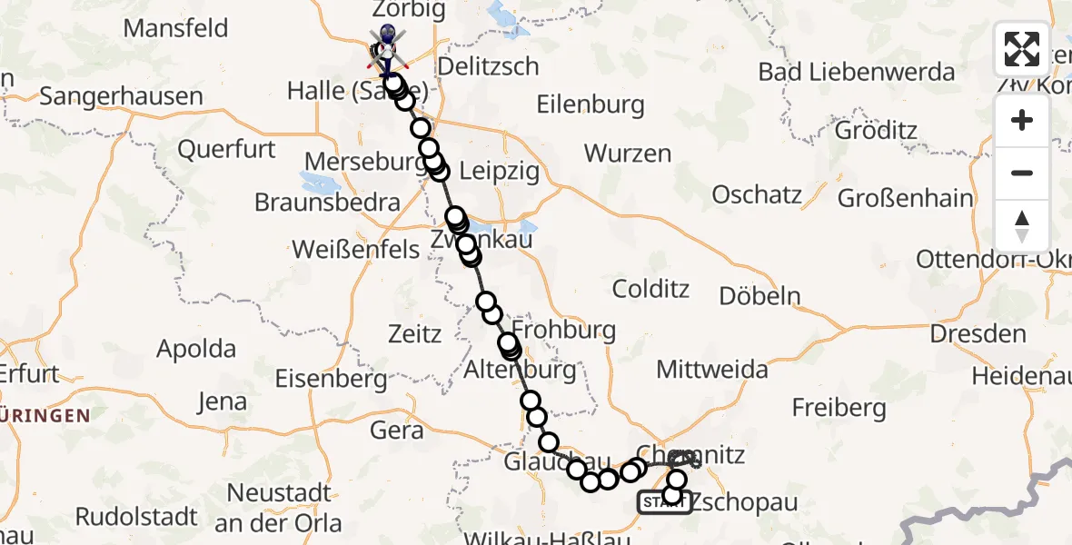Flugroute Polizeihubschrauber Jahnsdorf/Erzgeb. - Halle-Oppin Flugplatz, 09 Mai 2026, 16:50
