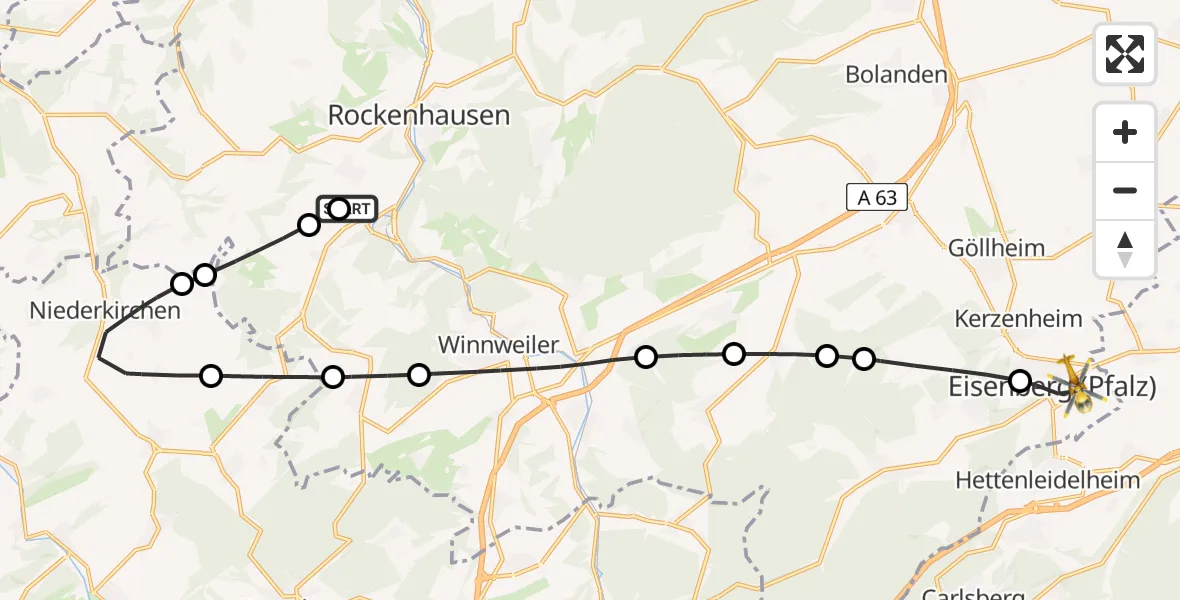 Flugroute Rettungshubschrauber Imsweiler UL - Eisenberg (Pfalz), 09 Mai 2026, 16:50