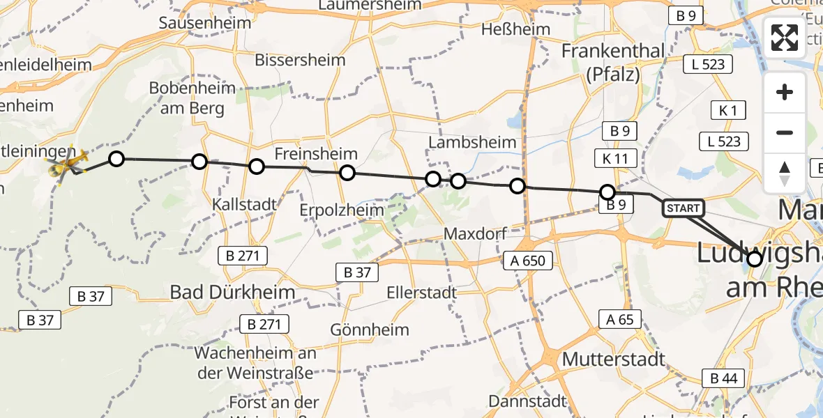 Flugroute Rettungshubschrauber Ludwigshafen Accident Hospital - Altleiningen, 09 Mai 2026, 16:52
