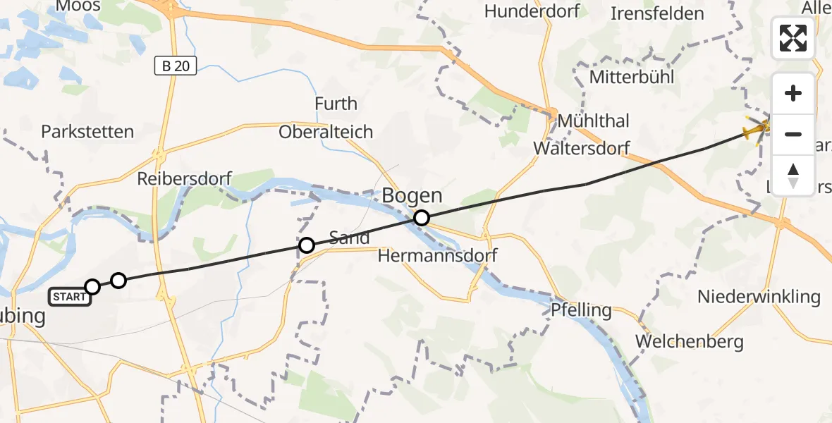 Flugroute Rettungshubschrauber Sankt Elisabeth Hospital Straubing - Bogen, 09 Mai 2026, 16:55