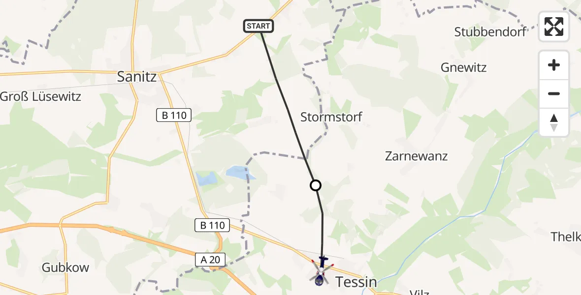 Flugroute Polizeihubschrauber Sanitz - Tessin, 09 Mai 2026, 17:05