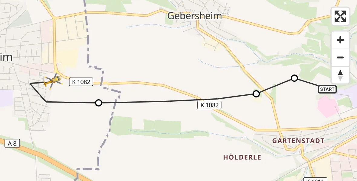Flugroute Rettungshubschrauber Leonberg Hospital - Rutesheim, 09 Mai 2026, 17:07