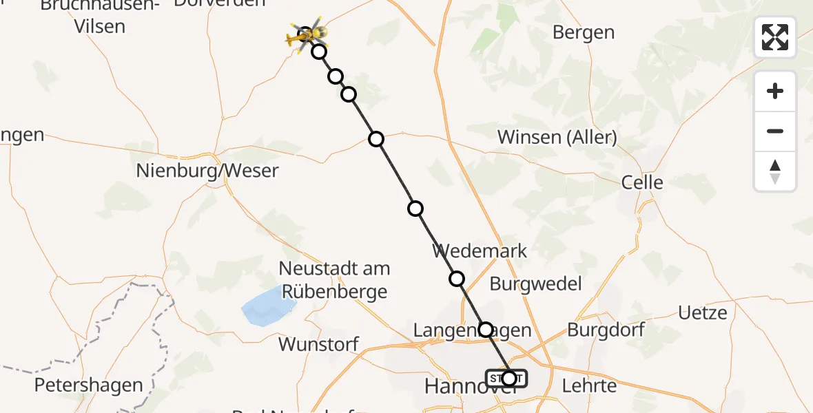 Flugroute Rettungshubschrauber Hannover Luftrettung Hubschrauberlandeplatz (Christoph 4) - Häuslingen, 09 Mai 2026, 17:10