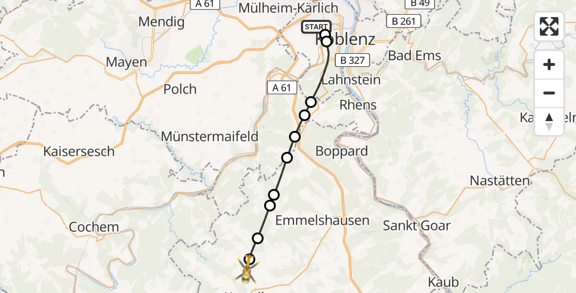 Flugroute Rettungshubschrauber Koblenz - Beltheim, 09 Mai 2026, 17:15