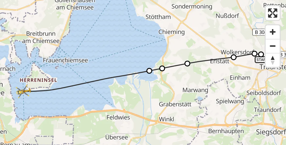 Flugroute Rettungshubschrauber Traunstein Hospital - Chiemsee (See), 09 Mai 2026, 17:19