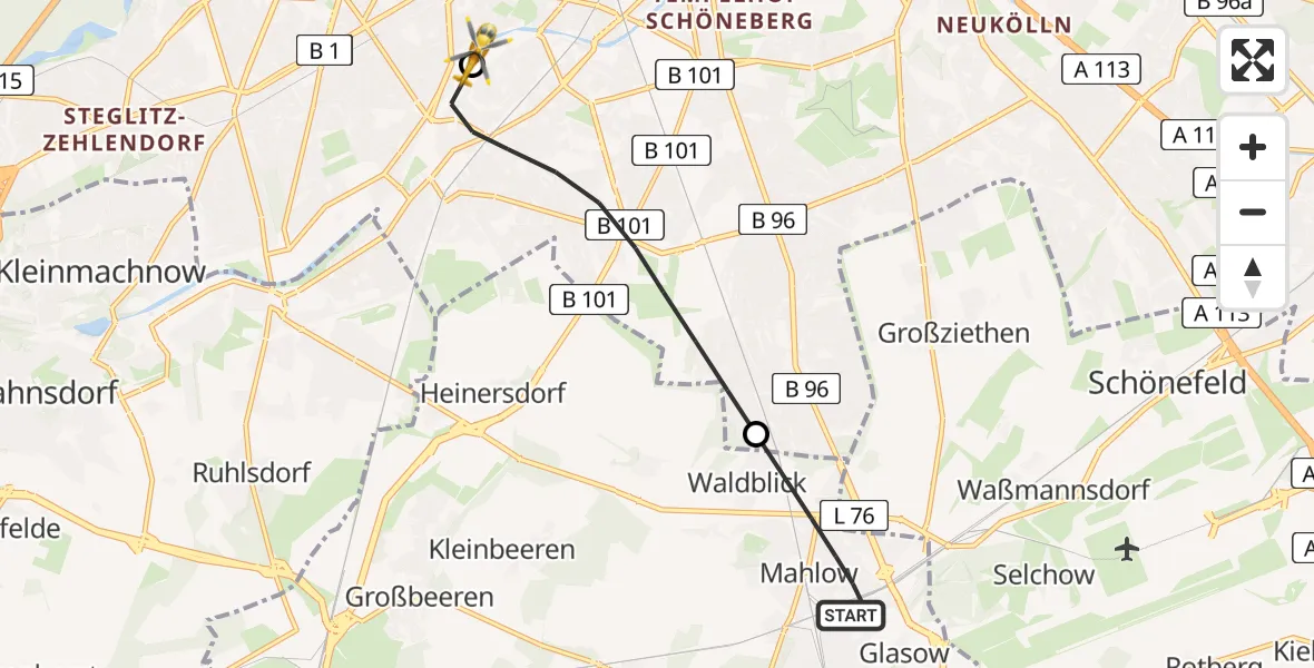 Flugroute Rettungshubschrauber Blankenfelde-Mahlow - Charité Clinic Benjamin Franklin Campus, 09 Mai 2026, 17:20