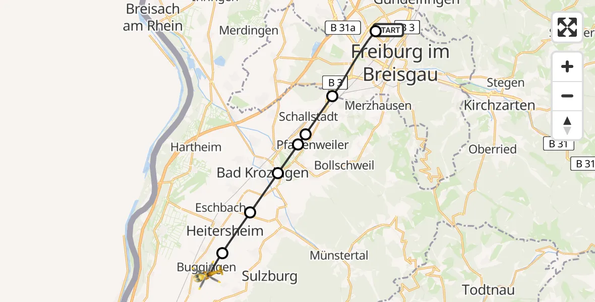 Flugroute Rettungshubschrauber Freiburg im Breisgau Flugplatz - Buggingen, 09 Mai 2026, 17:23
