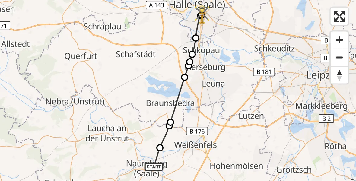 Flugroute Rettungshubschrauber Naumburg (Saale) - BG Hospital Bergmannstrost Halle, 09 Mai 2026, 17:25