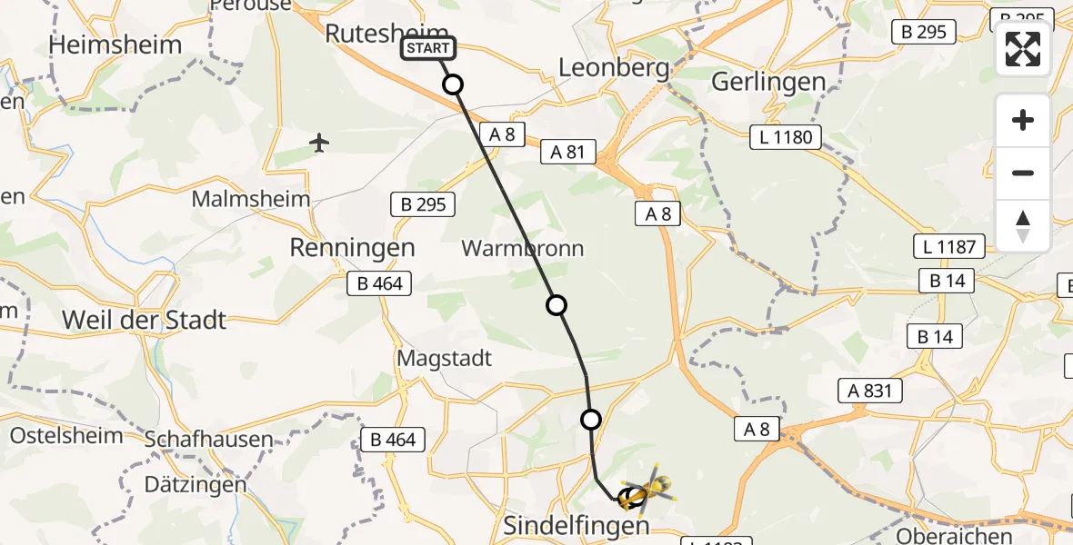 Flugroute Rettungshubschrauber Rutesheim - Sindelfingen Hospital, 09 Mai 2026, 17:29