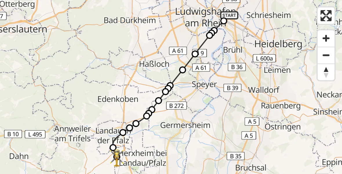 Flugroute Rettungshubschrauber Mannheim-City Flughafen - Rohrbach, 09 Mai 2026, 17:30