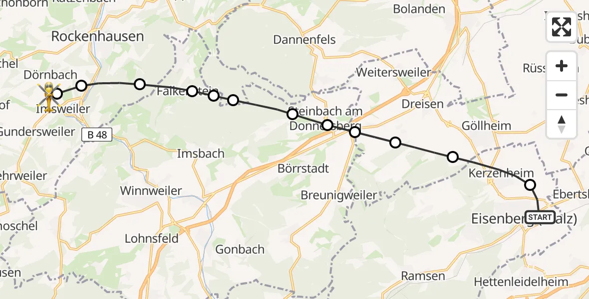 Flugroute Rettungshubschrauber Eisenberg (Pfalz) - Imsweiler UL, 09 Mai 2026, 17:39