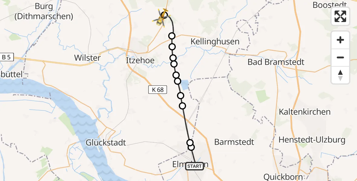 Flugroute Rettungshubschrauber Elmshorn - Itzehoe Hungriger Wolf Flugplatz, 09 Mai 2026, 17:49