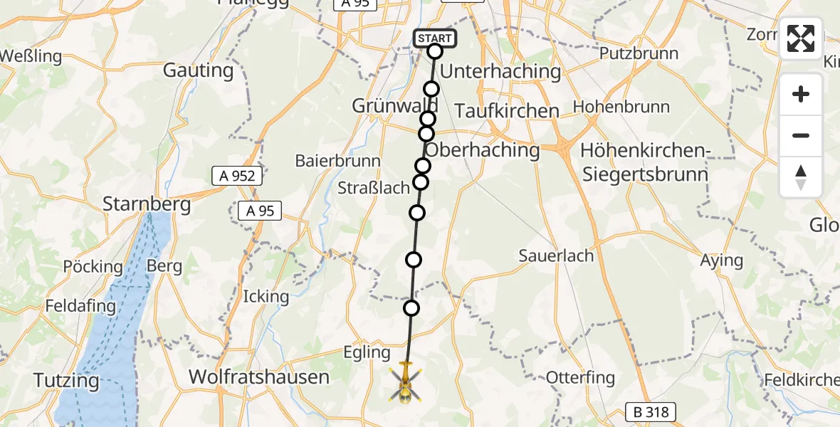 Flugroute Rettungshubschrauber ADAC Air Rescue Center Hubschrauberlandeplatz (Christoph 1) - Egling, 09 Mai 2026, 17:51