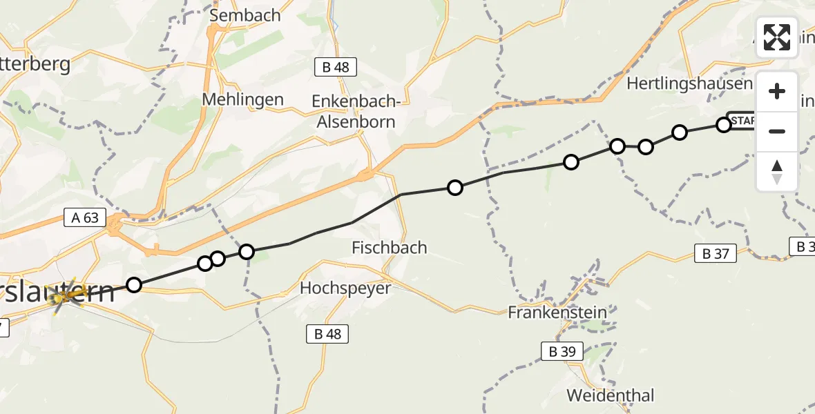 Flugroute Rettungshubschrauber Altleiningen - Kaiserslautern, 09 Mai 2026, 17:54