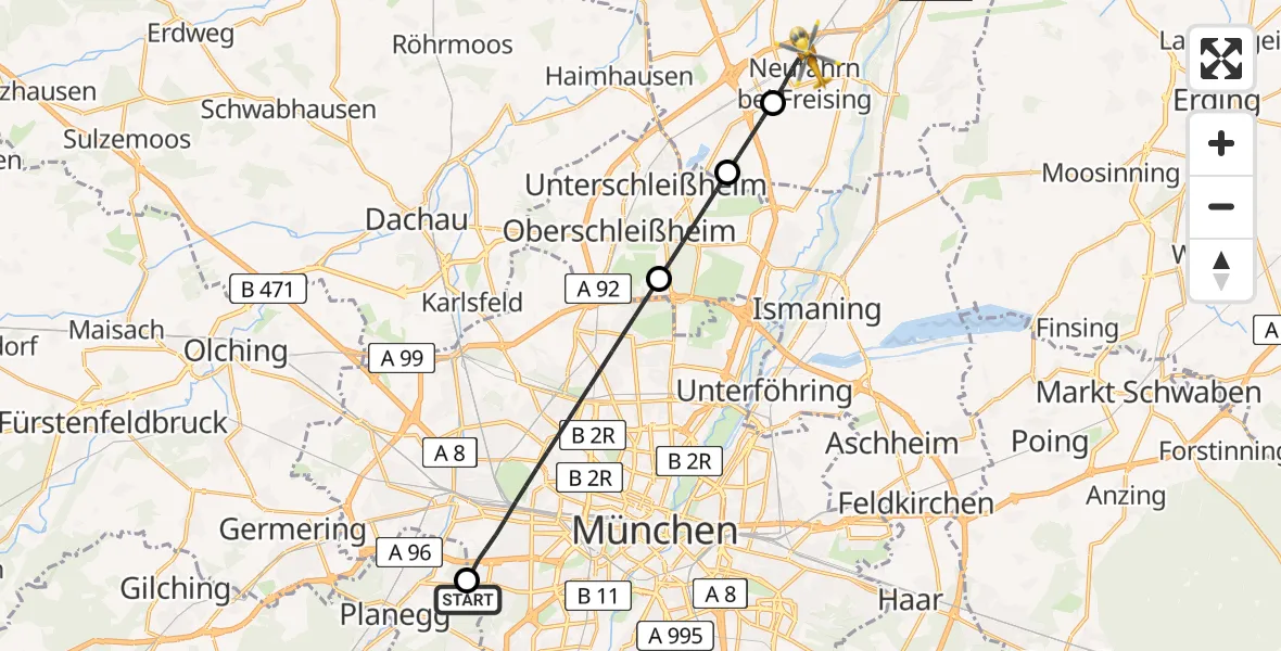 Flugroute Rettungshubschrauber DRF Air Rescue München Hubschrauberlandeplatz - Neufahrn b.Freising, 09 Mai 2026, 18:00