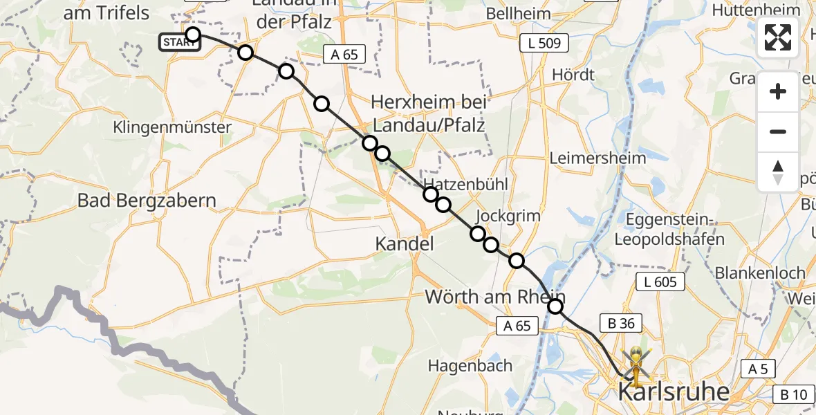 Flugroute Rettungshubschrauber Leinsweiler - Karlsruhe, 09 Mai 2026, 18:02