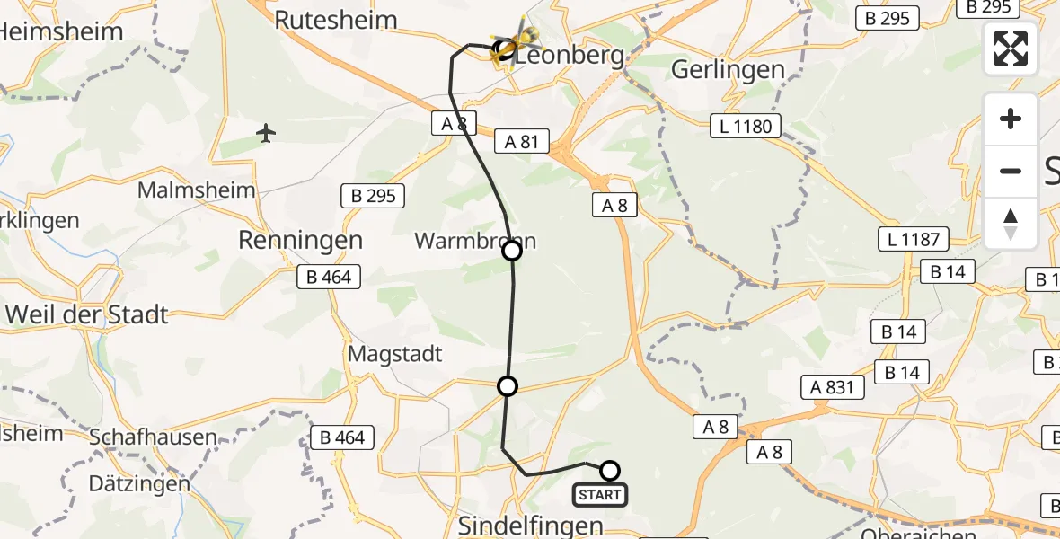 Flugroute Rettungshubschrauber Sindelfingen Hospital - Leonberg Hospital, 09 Mai 2026, 18:03