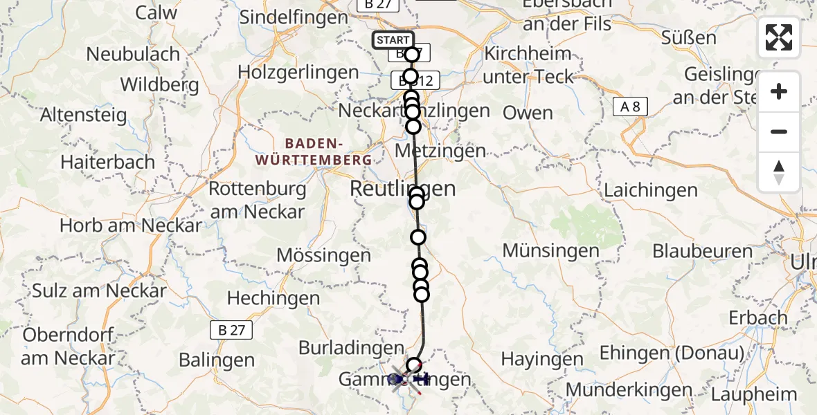 Flugroute Polizeihubschrauber Flughafen Stuttgart - Gammertingen, 09 Mai 2026, 18:06