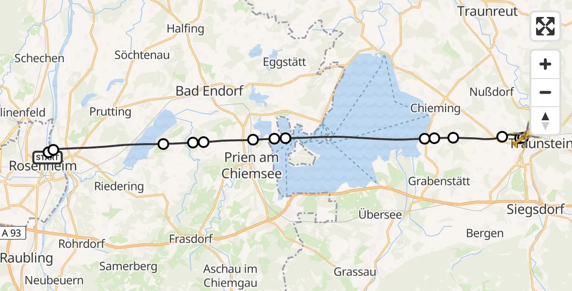 Flugroute Rettungshubschrauber RoMed Hospital Rosenheim - Traunstein Hospital, 09 Mai 2026, 18:07