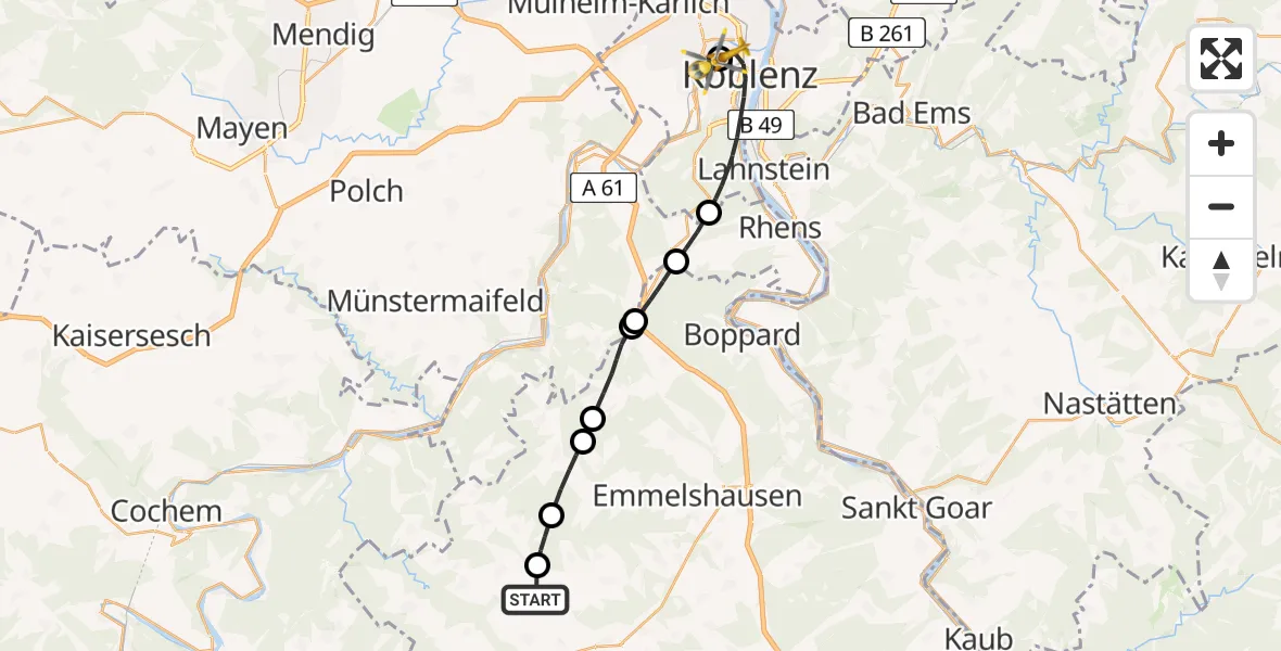Flugroute Rettungshubschrauber Beltheim - Katholisches Klinikum Marienhof Koblenz Hubschrauberlandeplatz, 09 Mai 2026, 18:08