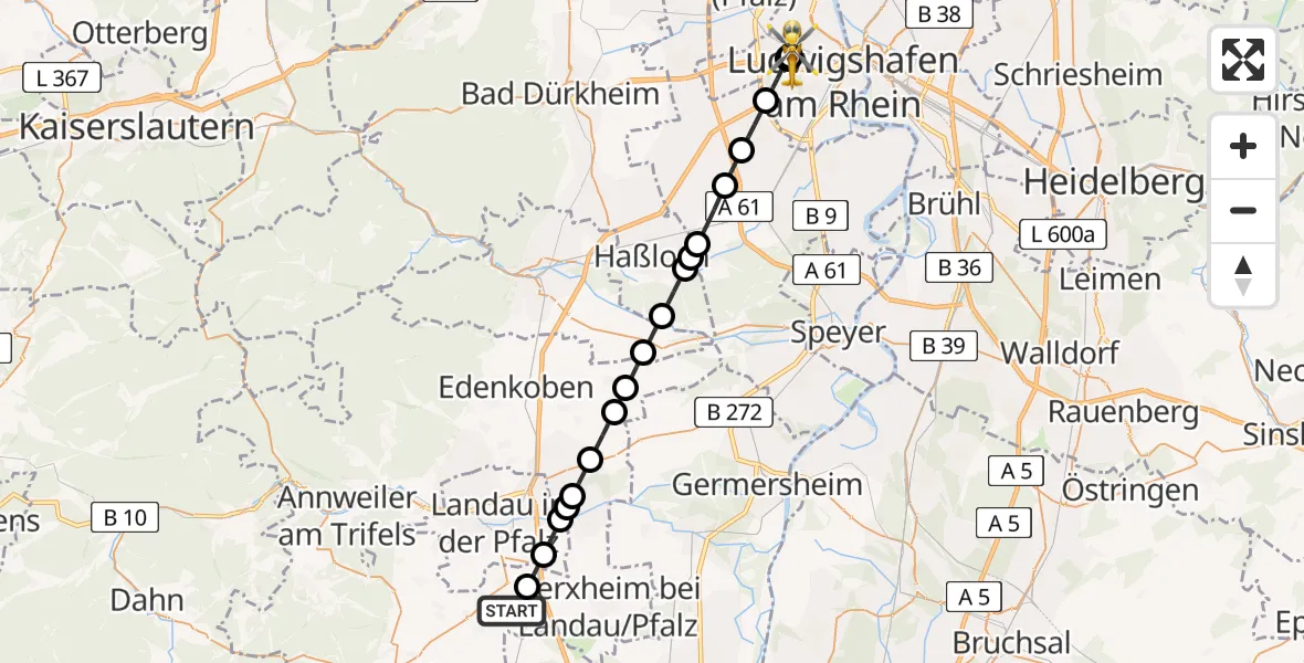 Flugroute Rettungshubschrauber Rohrbach - Ludwigshafen Accident Hospital, 09 Mai 2026, 18:09