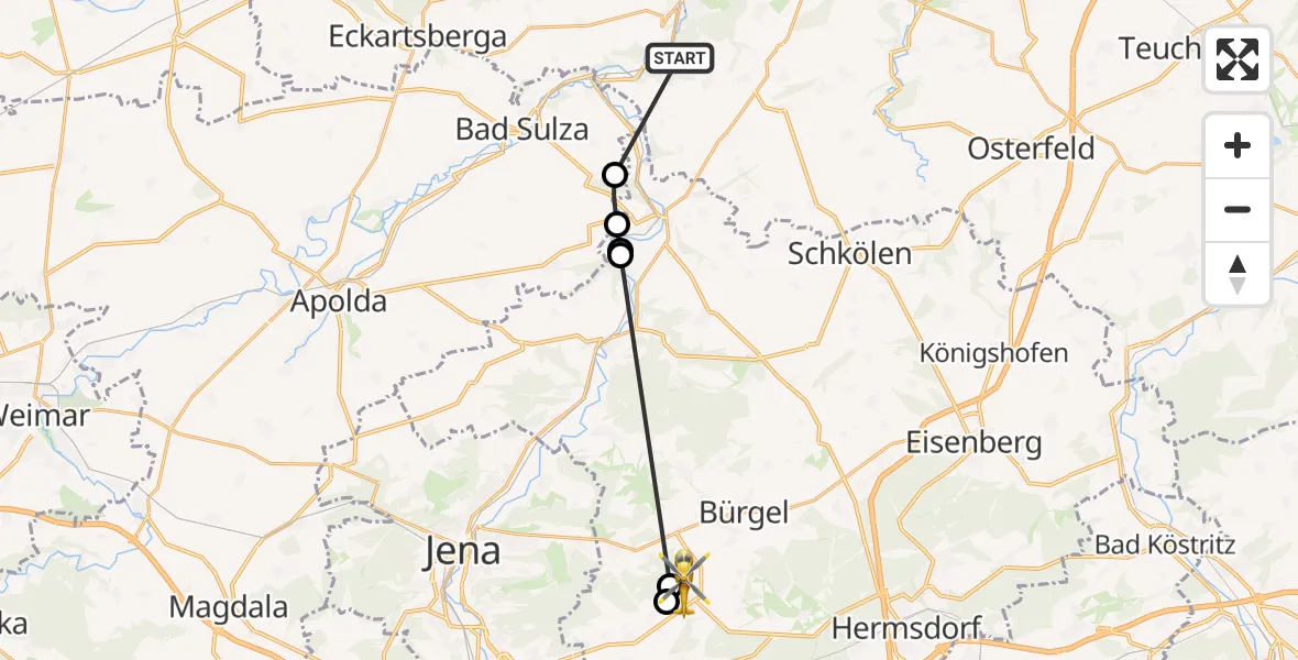 Flugroute Rettungshubschrauber Naumburg (Saale) - Jena-Schöngleina Flugplatz, 09 Mai 2026, 18:10