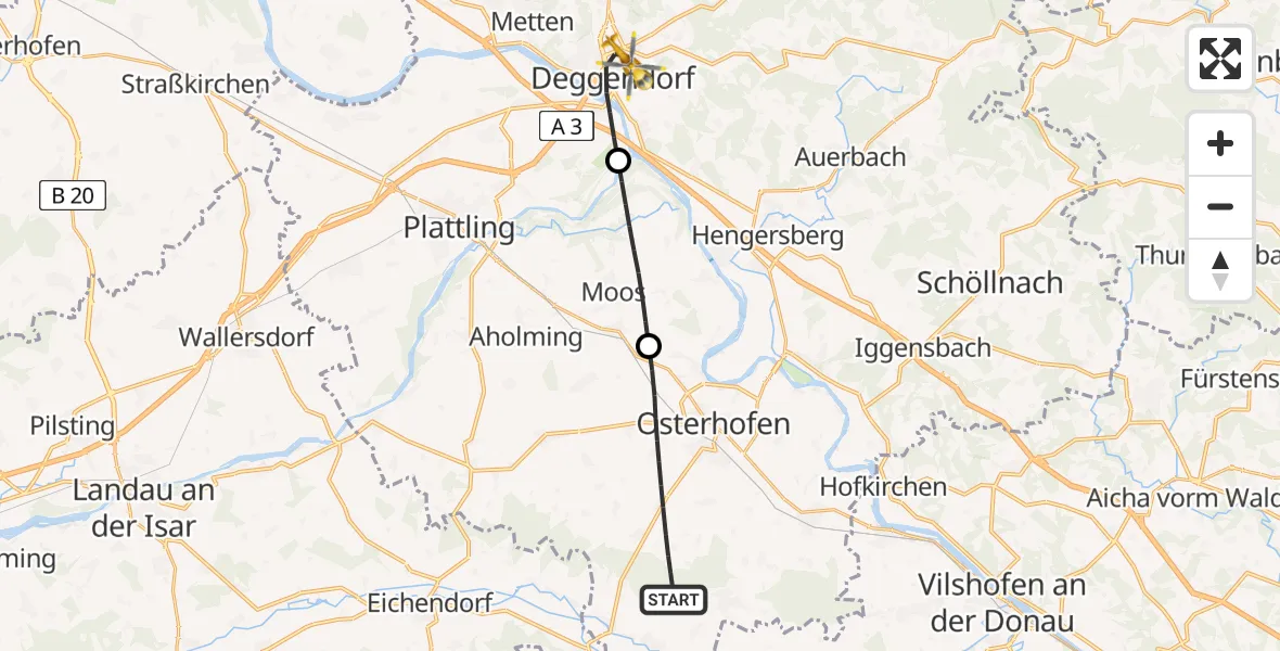 Flugroute Rettungshubschrauber Osterhofen - Deggendorf, 09 Mai 2026, 18:14