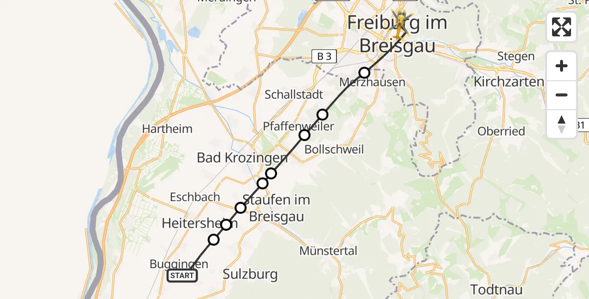 Flugroute Rettungshubschrauber Buggingen - Freiburg im Breisgau, 09 Mai 2026, 18:20