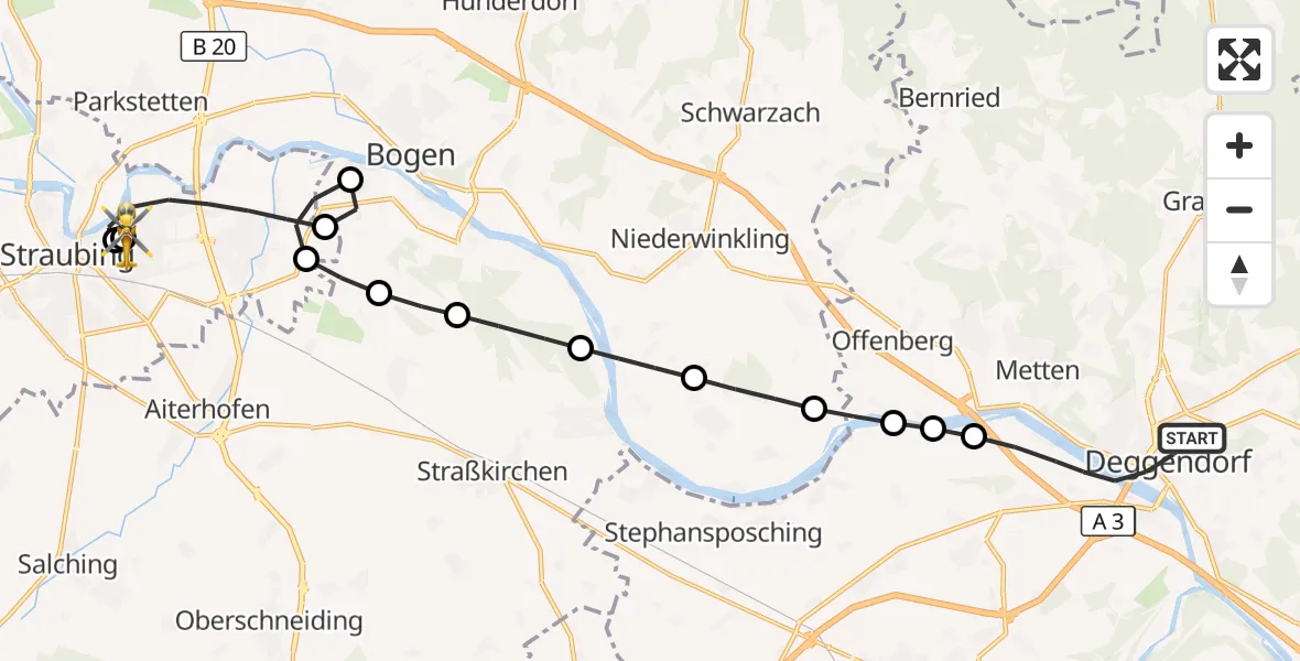 Flugroute Rettungshubschrauber Deggendorf - Sankt Elisabeth Hospital Straubing, 09 Mai 2026, 18:41