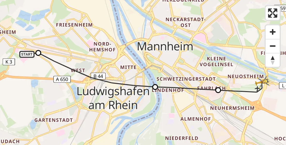 Flugroute Rettungshubschrauber Ludwigshafen Accident Hospital - Mannheim-City Flughafen, 09 Mai 2026, 18:46