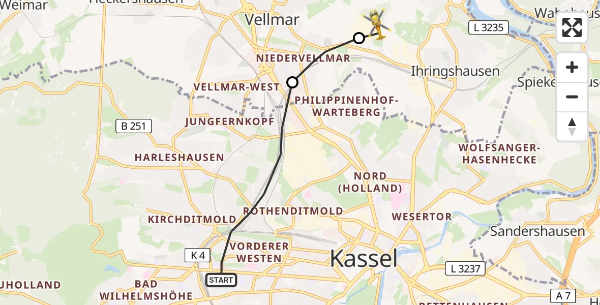 Flugroute Rettungshubschrauber Kassel - Fuldatal Bundespolizei Hubschrauberlandeplatz, 09 Mai 2026, 18:47
