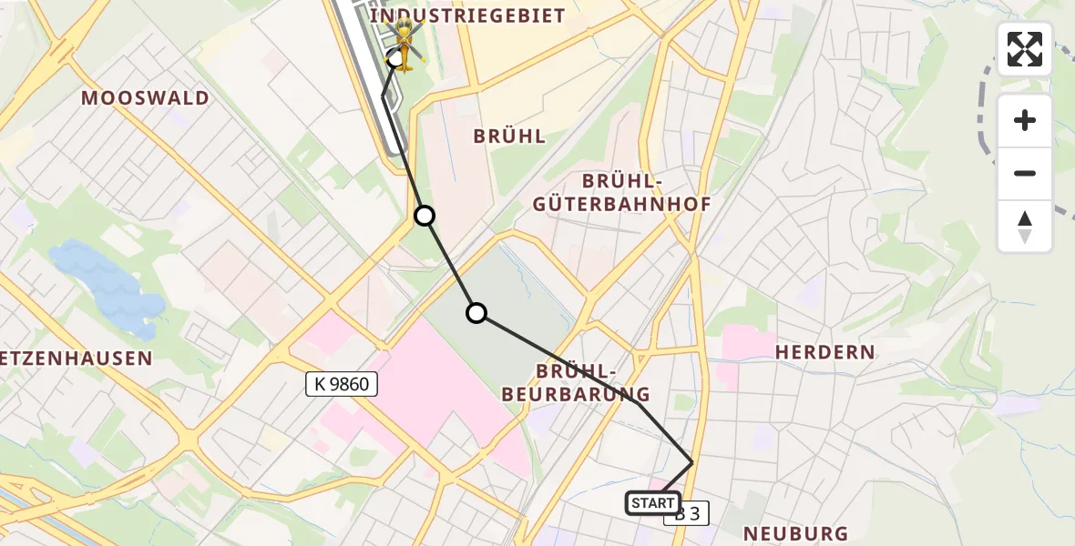 Flugroute Rettungshubschrauber Freiburg im Breisgau - Freiburg im Breisgau Flugplatz, 09 Mai 2026, 18:50