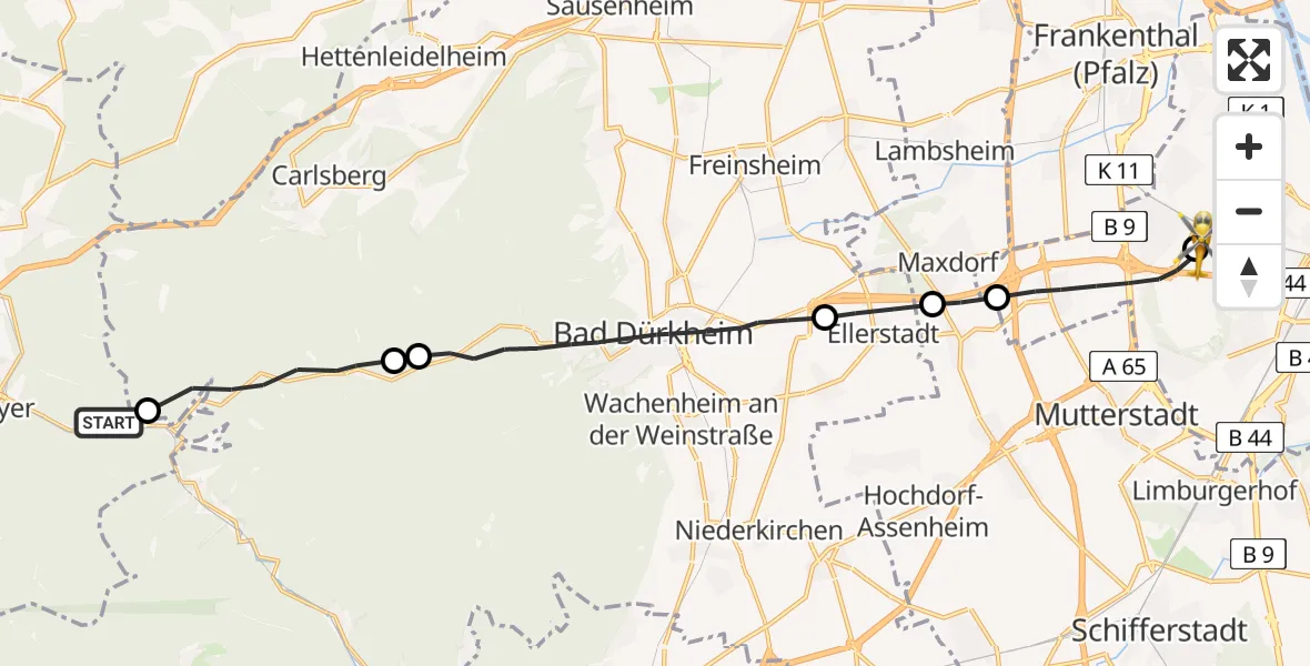 Flugroute Rettungshubschrauber Frankenstein - Ludwigshafen Accident Hospital, 09 Mai 2026, 18:50