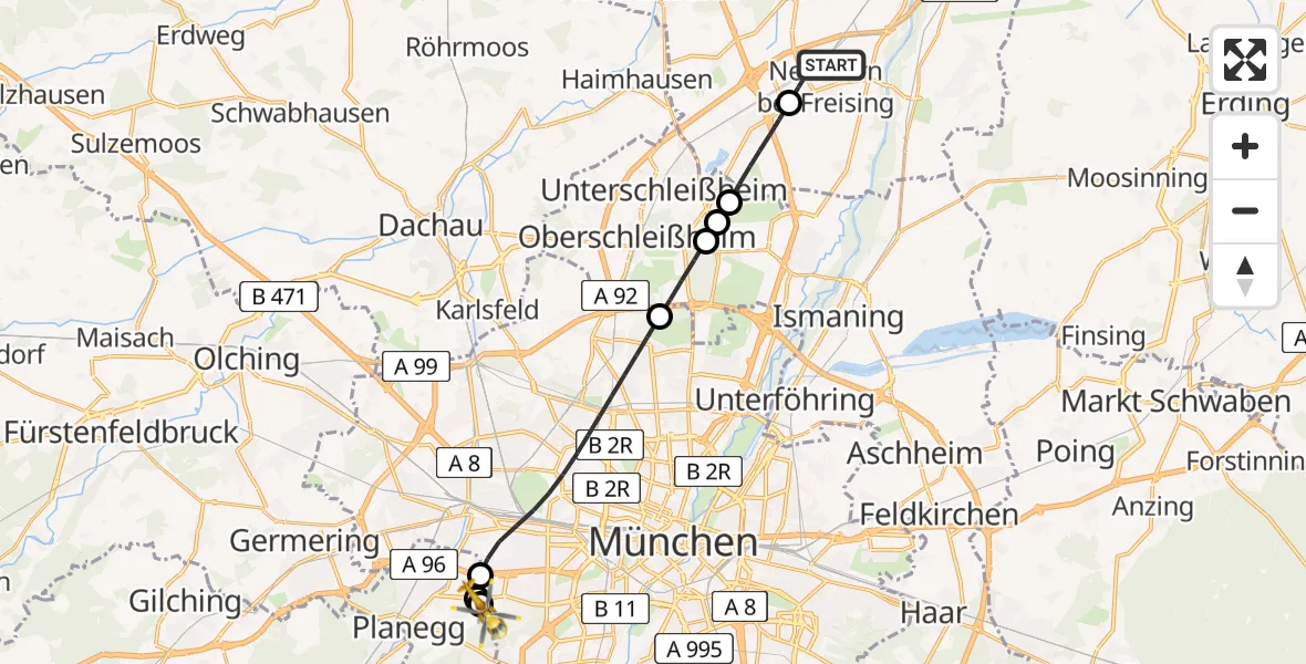Flugroute Rettungshubschrauber Neufahrn b.Freising - DRF Air Rescue München Hubschrauberlandeplatz, 09 Mai 2026, 18:53