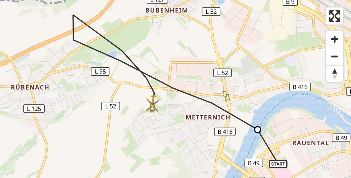 Flugroute Rettungshubschrauber Katholisches Klinikum Marienhof Koblenz Hubschrauberlandeplatz - Koblenz, 09 Mai 2026, 18:54