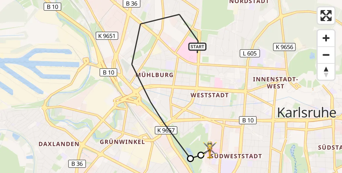 Flugroute Rettungshubschrauber Karlsruhe - Sankt Vincentius Hospital, 09 Mai 2026, 19:01