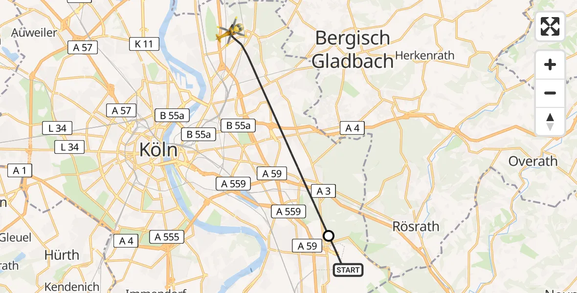 Flugroute Ambulanzhubschrauber Köln Bonn Flughafen - Köln, 09 Mai 2026, 19:22