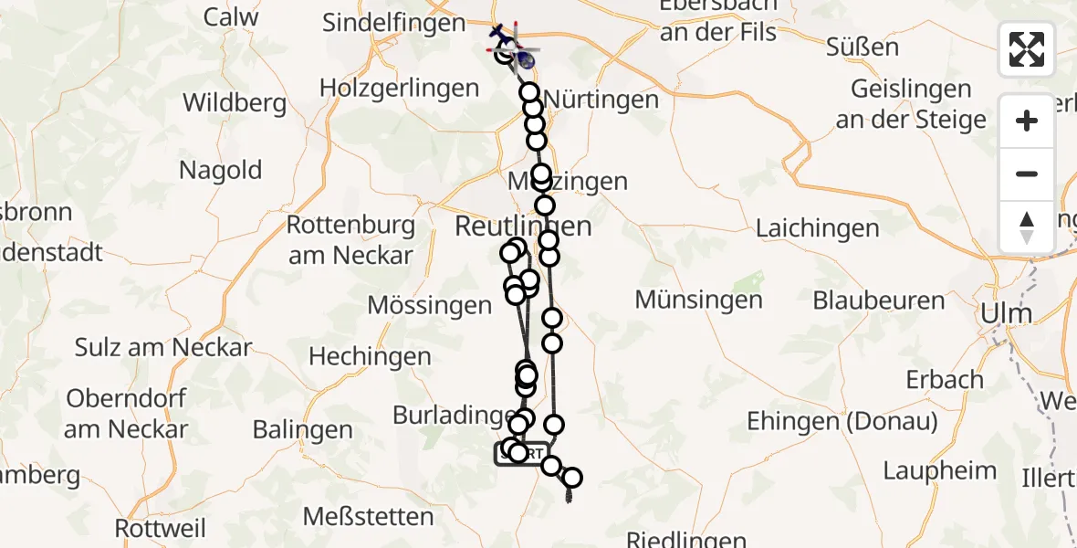 Flugroute Polizeihubschrauber Gammertingen - Flughafen Stuttgart, 09 Mai 2026, 19:23