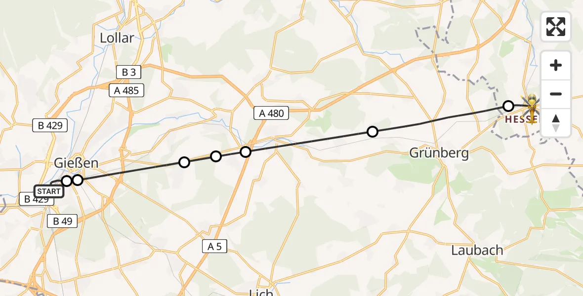 Flugroute Rettungshubschrauber Gießen - Mücke, 09 Mai 2026, 19:26