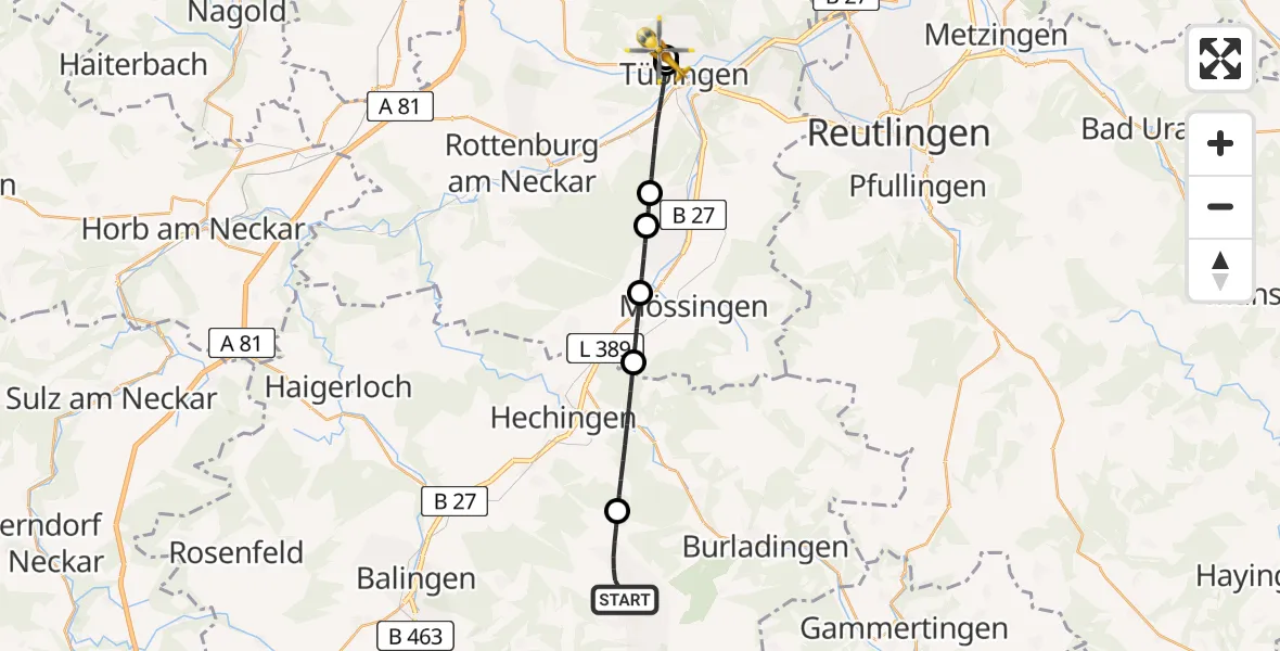 Flugroute Rettungshubschrauber Albstadt - Tübingen University Hospital, 09 Mai 2026, 19:39