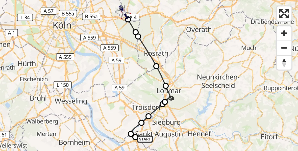 Flugroute Polizeihubschrauber Sankt Augustin - Bergisch Gladbach, 09 Mai 2026, 20:05