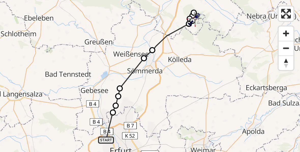 Flugroute Polizeihubschrauber Erfurt - Oberheldrungen, 09 Mai 2026, 20:06